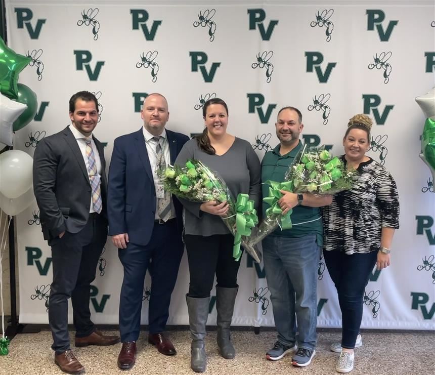 (From left to right) Dr. Christopher, Mr. Healy, Mrs. Wilks, Mr. DeLuccia, and Mrs. Voorhis; photo credit: Rae Allex